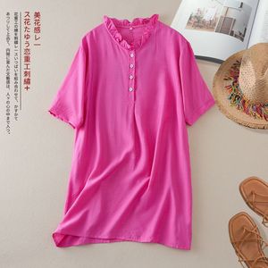 Women's Cotton Linen Mid-Length <b>Top</b> Short Sleeve Loose Fit Ruffled Collar Button Design Breathable Summer Wear - Product Image 1