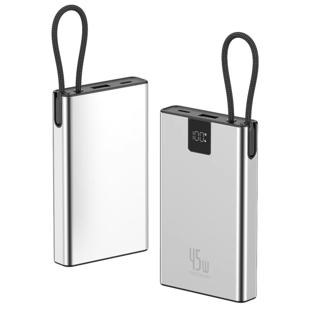 Newest 10000mAh Aluminum Power Bank PD45W LCD Display Power Bank Built-In Charging Cable Power Bank