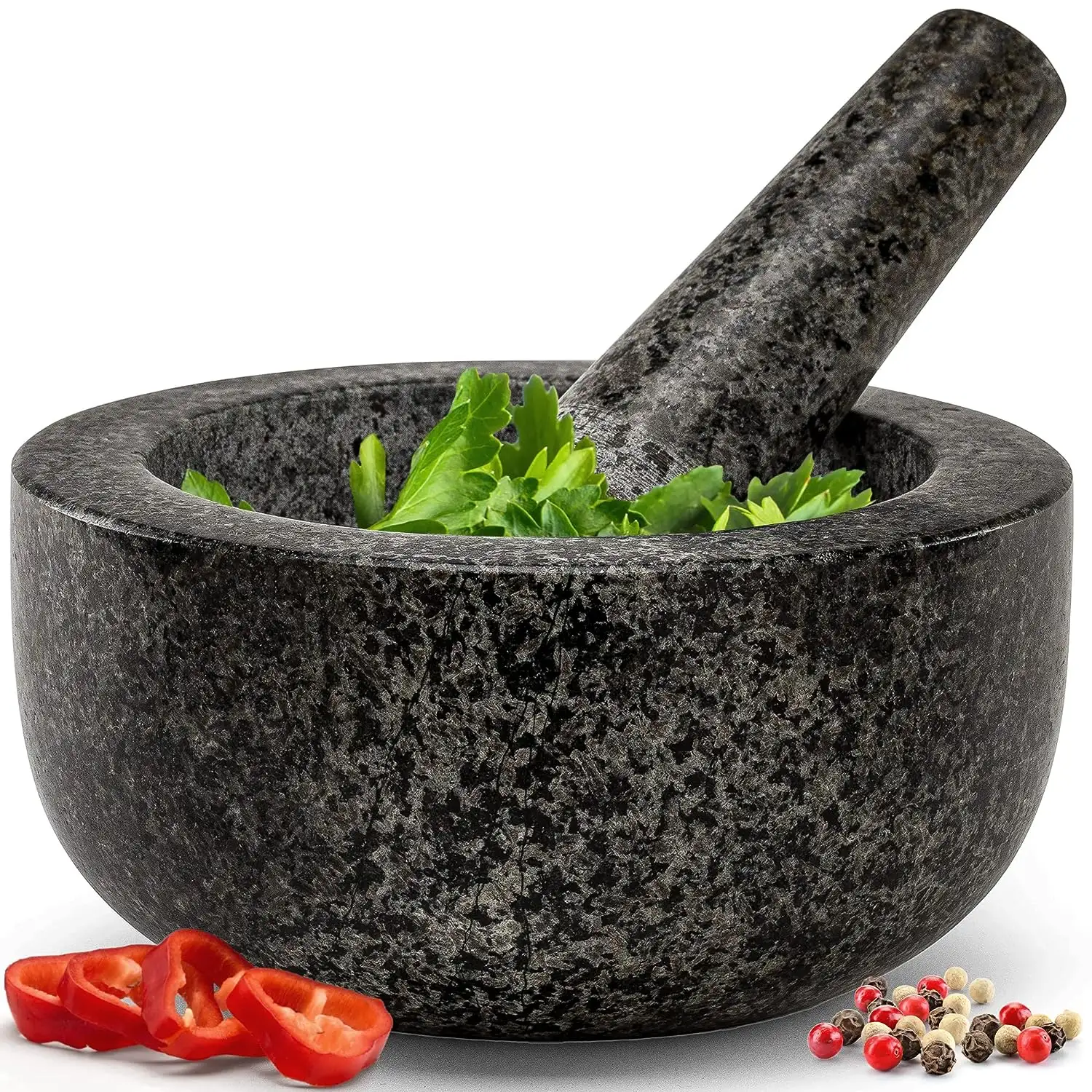 1.5 Cups Heavy Duty Natural Granite Mortar Pestle Set Hand Carved Make Fresh Guacamole Salsa Pesto Stone Grinder Bowl