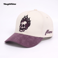 Casquette de baseball personnalisée de haute qualité avec broderie de crâne et motif flamme, visière en daim, casquette snapback streetwear, logo personnalisé, vente en gros