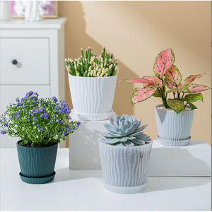 Simple <b>Plastic</b> Flower Pots With Trays Ripple Design For Home Indoor <b>Plants</b> Ivory White Jungle Green - Product Image 4