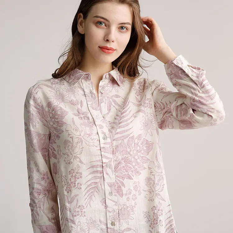 Girl tops soft comfortable women's 100%linen print Petal Sleeve v-neck women's top linen clothing