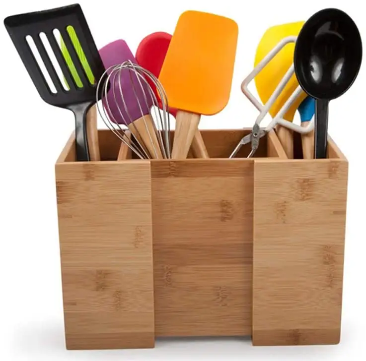 Bamboo Expandable Utensil Holder Organizer|Constructed from 100% Real Bamboo Wood Kitchen Organizer For Flatware and Kitchen