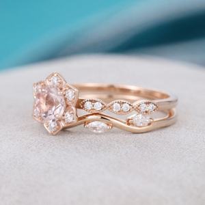 Nouvelle mode Bijoux en argent 2 pièces Ensemble de bagues de fiançailles en morganite Or rose Bague de mariage unique Demi-éternité Marquise CZ Bijoux - Product Image 3