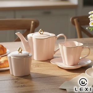 Elegante Servizio <span class=keywords><strong>da</strong></span> Tè in Porcellana Rosa con Bordo Dorato e Coperchio con Pomello a Diamante, Include Teiera, Tazza, Piattino e Zuccheriera per il Tè del Pomeriggio - Product Image 1