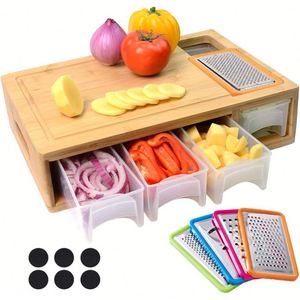 Ensemble de planches à découper en bambou avec 4 tiroirs, éplucheur de légumes et plateau de rangement pour ustensiles de cuisine - Product Image 2