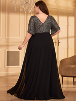 Robe de soirée élégante en mousseline de soie avec patchwork de paillettes, taille plus, noire, couleur unie, col en V, avec fermeture éclair au dos