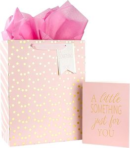 Pink Polka Dot <b>Gift</b> Bag with Gold Foil and Matching <b>Card</b> for Birthday Celebration with Greeting <b>Card</b> and Tissue Paper - Product Image 1