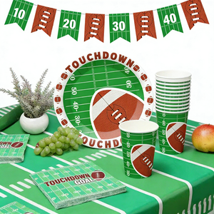 DAMAI Sports Themed Party Tableware Set with Rugby <b>Pattern</b> Includes Round <b>Paper</b> Plates Cups Napkins Serves 8 Guests - Product Image 3
