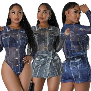 Nouveau Ensemble 2 Pièces pour Femme : Haut Body Imprimé Denim 3D et <span class=keywords><strong>Short</strong></span> Irrégulier, Ensemble Jupe Bodycon Sexy en Maille Transparente - Product Image 1