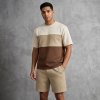 T-shirt pull color block pour homme à prix réduit - Coupe ample, manches courtes, col rond, haut décontracté d'été et ensemble short court pour homme