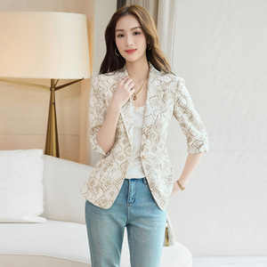 Women's Printed Blazer Apricot Patterned Slim Fit Linen Blend Summer Jacket Elegant Classic Style - Product Image 4