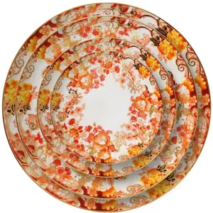 Service de table en porcelaine, os fin, vaisselle de couleur vive, assiettes à dîner en céramique orange, pièces