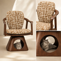 Lit pour chat en bois massif de luxe, chaise pivotante à 360°, maison pour animaux avec grotte cachette, coussin amovible en bouclette, mobilier d'intérieur pour chats