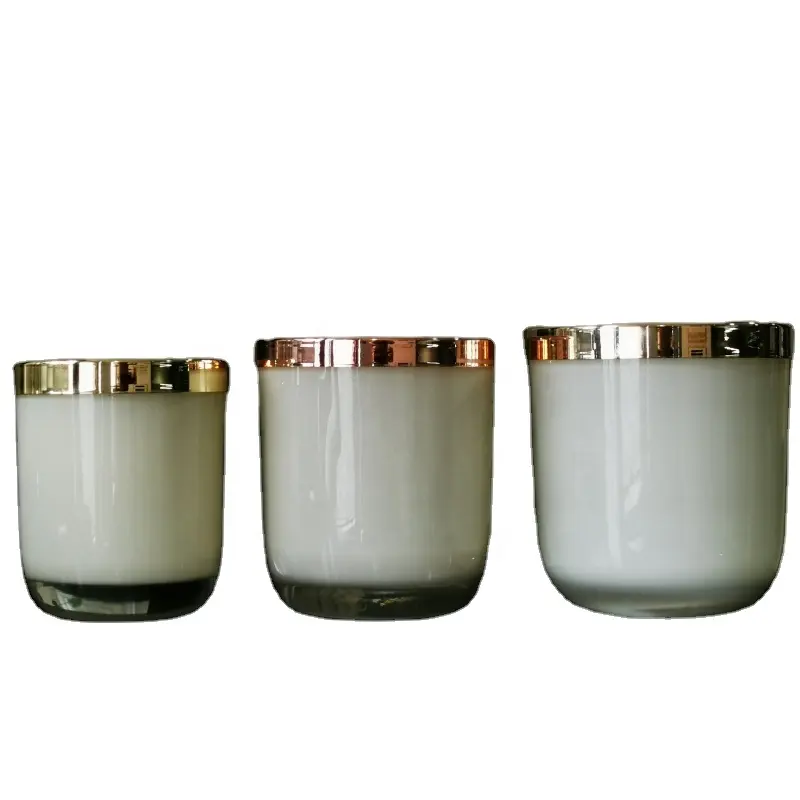 Empty round bottom Gloss Cream White Candle jar Luxury glass candle with metallic rose gold lid