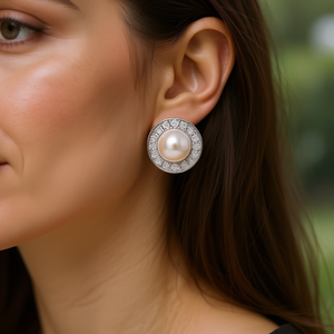 Orecchini a perno E3025 in oro bianco con perle e diamanti taglio brillante rotondo, montatura a cerchio, gioielli classici da donna - Product Image 2