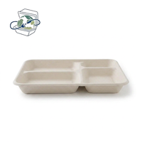 Contenant alimentaire compostable en canne à sucre, couleur naturelle, non blanchi, jetable, assiettes à emporter à 4 compartiments