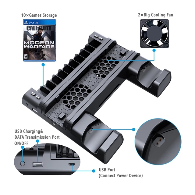 PS4/PS4 Slim/PS4 Pro Dual Controller Charger Console Vertical Cooling Stand Charging 4 Connector for PS4