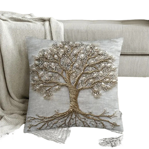 Housse de coussin moderne carrée imprimée 2D en peluche courte, personnalisable avec fermeture éclair, motif Arbre de Vie, luxe simple, pour salon - Product Image 1