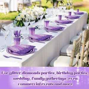 Purple Glitter Diamond Paper <b>Plates</b> Cups Napkins Cutlery Set Wedding Birthday Party Supplies <b>Disposable</b> Tableware Kit - Product Image 4