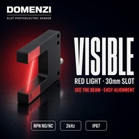 Capteur photoélectrique de type fente DOMENZI GL30R-N-V3 à lumière rouge, largeur de fente de 30 mm, sortie NPN, 10 à 30 VDC, pour utilisation en automatisation