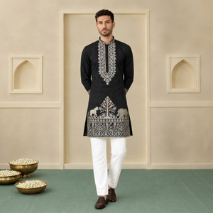 <b>Men's</b> Black Embroidered Silk <b>Kurta</b> <b>White</b> Churidar Wedding Indian Pakistani Traditional Ankle-Length Regular Fit Quick Dry All - Product Image 1