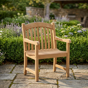 Teak <b>Wood</b> Outdoor <b>Armchair</b> with Curved Backrest Slatted Seat and Wide Armrests for Garden Patio - Product Image 2