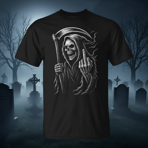 Camiseta oscura de Grim Reaper con dedo medio y ángel de la muerte - Product Image 3