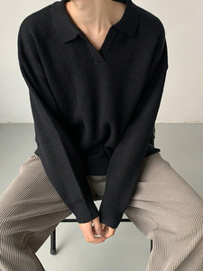 <span class=keywords><strong>Pull</strong></span> col en V pour homme, style coréen, tricoté, pour adolescent, haut de base, coupe ample, polyester et laine, finition sans repassage - Product Image 4