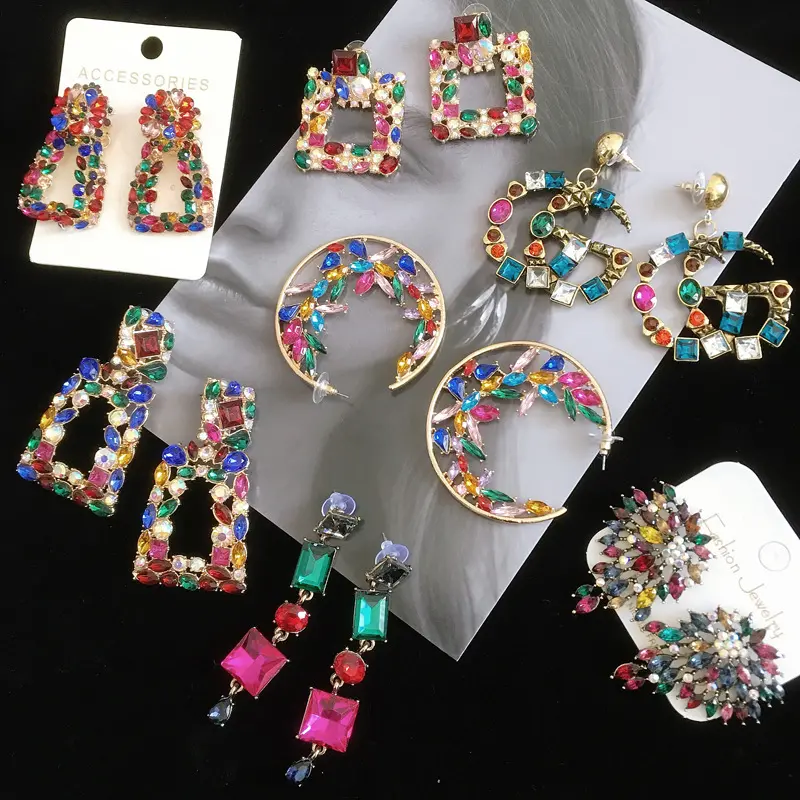 Trending Mixed Batch Bohemian Colorful Crystal Luxury Vintage Catwalk Party Bling Diamond Moon Statement Earrings Women