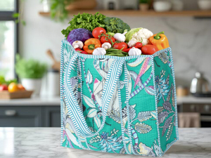 Floral Panelled Canvas Tote <b>Bag</b> Bohemian Open Top Summer Shopping <b>Bag</b> Green White Blue - Product Image 2