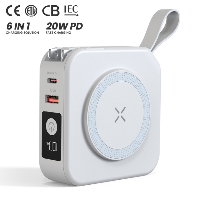 6 in 1 PD 20W Magnetic Wireless Charging Powerbank AC Wall Plug Built in Cable 10000mAh Portable Charger Power Banks