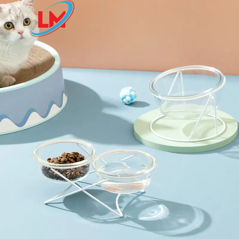 Tigela De Vidro Pet Gato Com Frame Água Potável Tigela Alimentadores De Alimentos Com Suporte Para Cão Pet Supplies