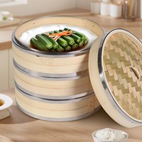 Panier vapeur en bambou et acier inoxydable, couvercle de pot en bambou, capacité 5-6L, compatible gaz et induction, pour raviolis, dim sum, riz