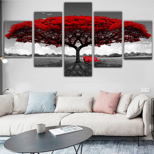 Pintura decorativa para arte de pared, panel de pintura con hermoso paisaje de árbol rojo, lienzo impreso, 5 piezas - Product Image 6