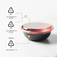 Grosir mangkuk bulat Takeaway Jepang merah & hitam mangkuk plastik sekali pakai mie Ramen