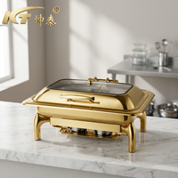 KUNTAI Réchaud de buffet rectangulaire de luxe en acier inoxydable martelé doré, alimenté à l'alcool, 9L, à chaleur hydraulique