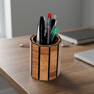 Octagonal Wooden <b>Pen</b> Stand With Black Accent Strips Handmade Desk Organizer For Office Home Decor Sustainable Wooden Crafts <b>Box</b> - Product Image 1