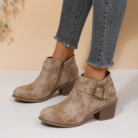 Bottines à fermeture éclair latérale pour femmes Marron Noir Kaki avec boucle et talon carré Bottines courtes Stock usine OEM Prêt à expédier