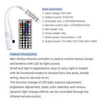 Mini Controlador RGB 5V 12V 24V 6A, Señal PWM de 3 Vías, Control Remoto Inalámbrico IR de 44 Teclas, Atenuador para Tiras de Luces LED de Voltaje Constante
