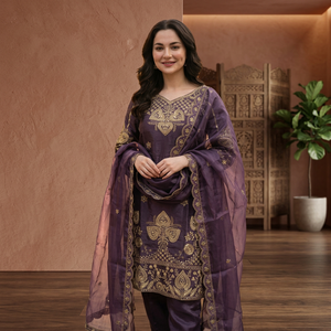 Presenting New Designer Collection In <b>SILK</b> With Heavy Embroidery Sequence Work Top-Bottom And Dupatta Set Fully Stitched - Product Image 1