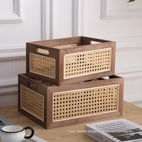 Panier de rangement en rotin et bois massif de style japonais, organisateur de bureau pour CD, papeterie, livres, collations, cartes magnétiques, cosmétiques