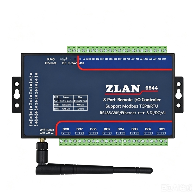 ZLAN6844 WiFi Ethernet RS485 Remote IO Controller 8DI 8DO 8AI Modbus TCP DC9-24V in Stock