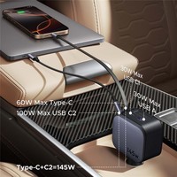 UGREEN 55910 USB-A + 2 USB-C 100W Pengisi Daya Mobil Cepat dengan Kabel USB-C 60W yang Dapat Ditarik untuk iPhone iPad MacBook