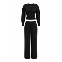 Anjie OEM ODM Ensemble Cardigan Tricoté et Pantalon Large pour Femme, Marque Privée, Noir, Boutons sur le Devant, Vente en Gros de Tricots Coordonnés