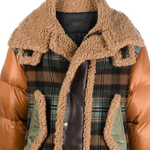 New Fashion Contrast Paneled Fur Collar Drawstring Waist Cotton Padded Faux Shearling Trims Check Jacket