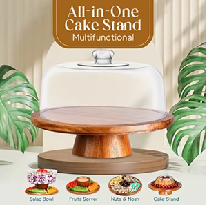 Vassoio Rotondo <span class=keywords><strong>in</strong></span> <span class=keywords><strong>Legno</strong></span> di Acacia a Doppio Uso con Piedi Alti <span class=keywords><strong>per</strong></span> Salumi, Pane, Frutta, Dolci e <span class=keywords><strong>Torte</strong></span>, con Coperchio <span class=keywords><strong>in</strong></span> Acrilico - Product Image 4