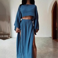 Ensemble deux pièces décontracté pour femme : haut court en tissu mélangé et pantalon taille haute fendu