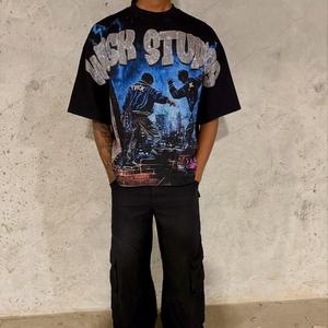 Camiseta de Manga Corta para Hombre, Estilo Americano, Desgastada, con Estampado de Personajes y Letras con Pedrería, Estilo Urbano - Product Image 4