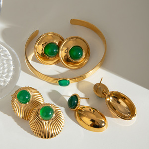 Elegant Gold Green Agate Oval <b>Earrings</b> Bezel Setting Stainless Steel <b>Post</b> Everyday Wear Fine Jewelry Set - Product Image 2